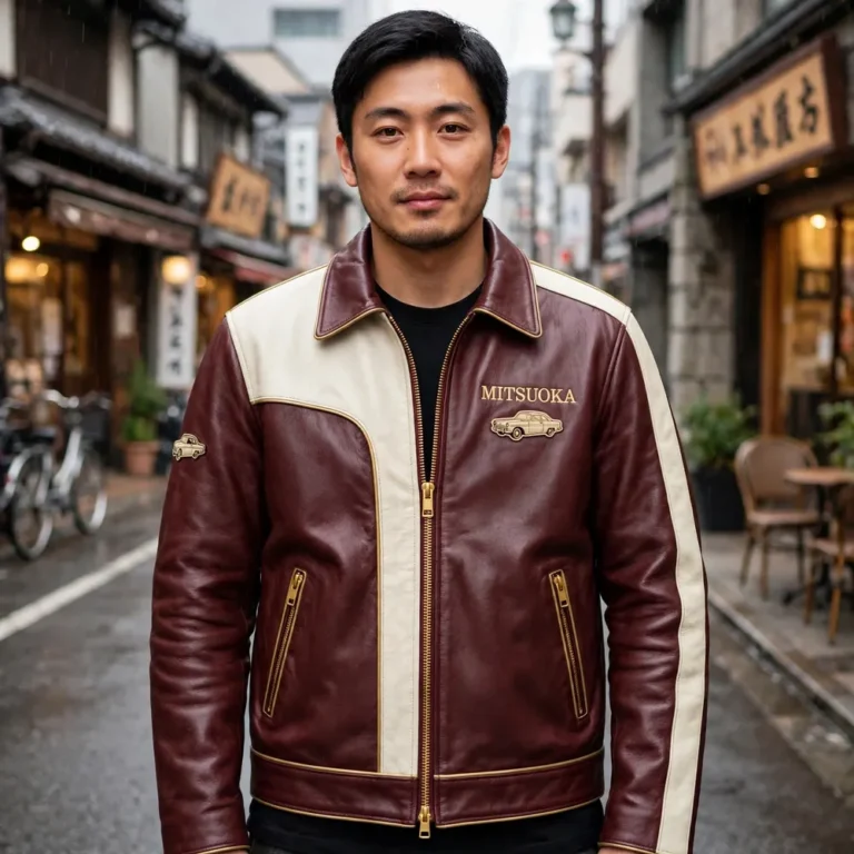 Model wearing the Mitsuoka Leather Jacket, burgundy with cream panels and gold trim cruiser jacket