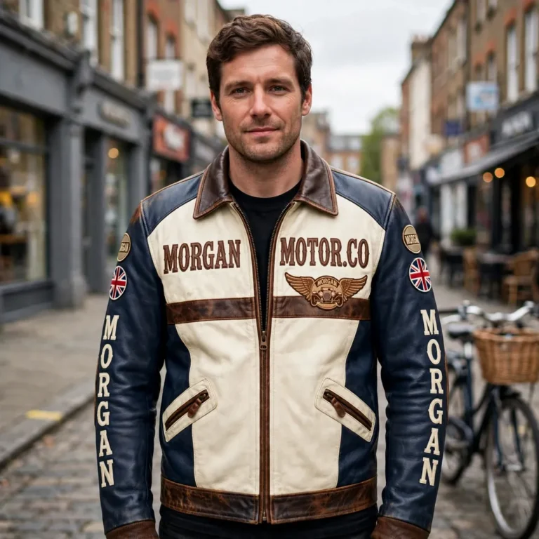 Morgan Leather Jacket model view — front-facing model wearing the navy and cream vintage biker with chest lettering