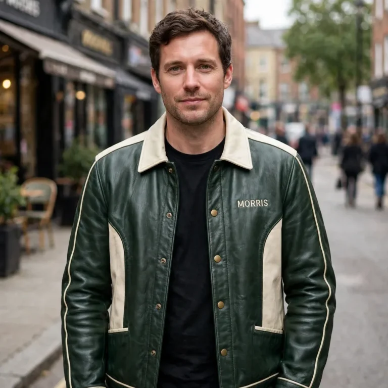 Man wearing the Morris Leather Jacket outdoors, front-facing, showing the heritage cruiser jacket and chest embroidery