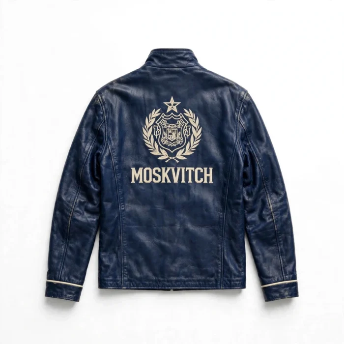 Moskvitch Leather Jacket back view, navy blue leather jacket with large cream 'moskvitch' text with a star-and-crest motif embroidered across the back