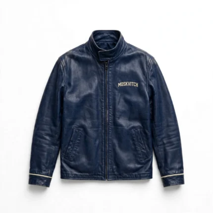 Moskvitch Leather Jacket front view, navy blue leather jacket with cream 'moskvitch' wordmark embroidered on the left chest