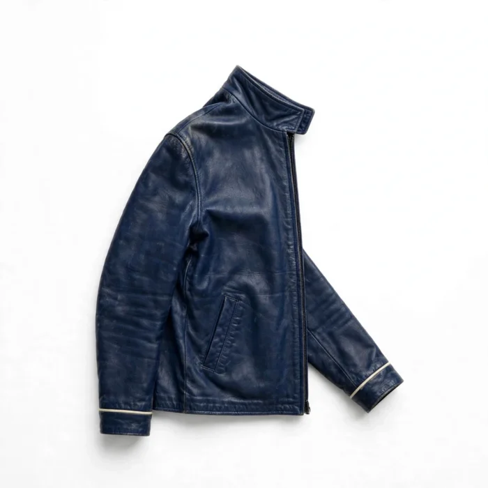 Moskvitch Leather Jacket side view, navy blue leather jacket
