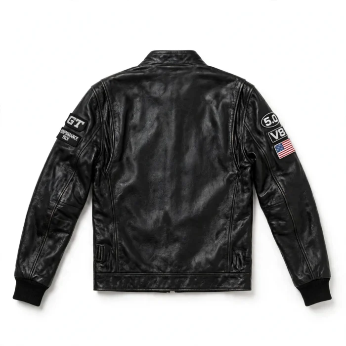 Ford Mustang Leather Jacket back view — plain black cafe racer back