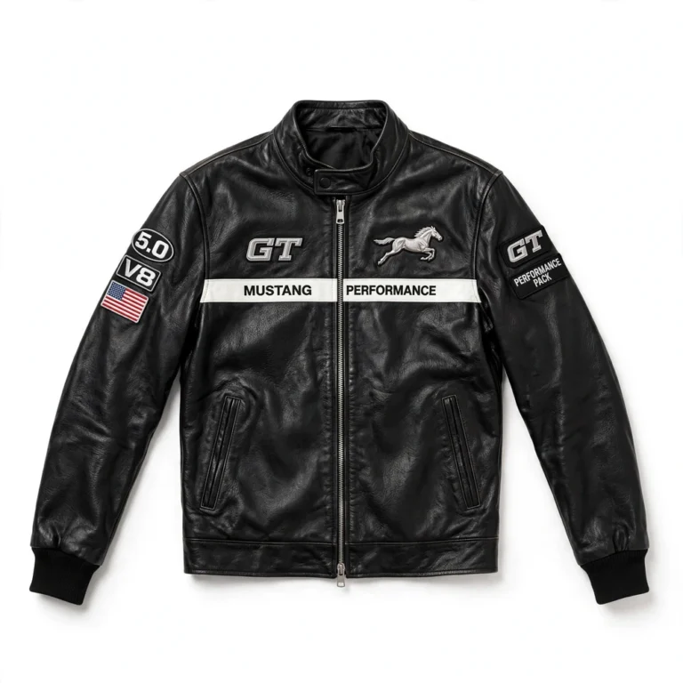 Ford Mustang Leather Jacket front view — black cafe racer with white chest stripe, running-horse and MUSTANG PERFORMANCE band