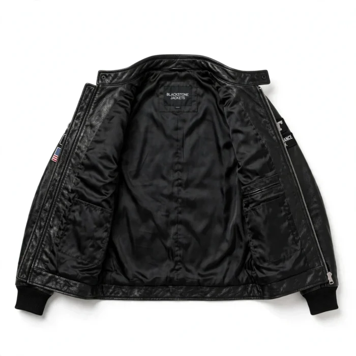 Ford Mustang Leather Jacket inner view — plain black lining with inside pockets and Blackstone Jackets neck label