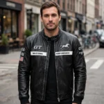 Ford Mustang Leather Jacket model view — front-facing model wearing the black cafe racer with chest stripe and horse embroidery