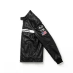 Ford Mustang Leather Jacket side view — black cafe racer with sleeve embroidery and white chest stripe