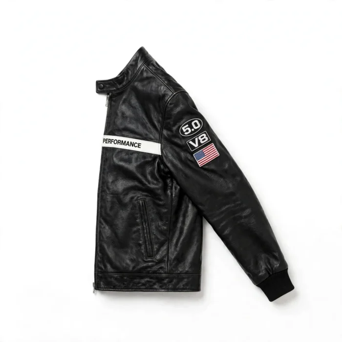 Ford Mustang Leather Jacket side view — black cafe racer with sleeve embroidery and white chest stripe