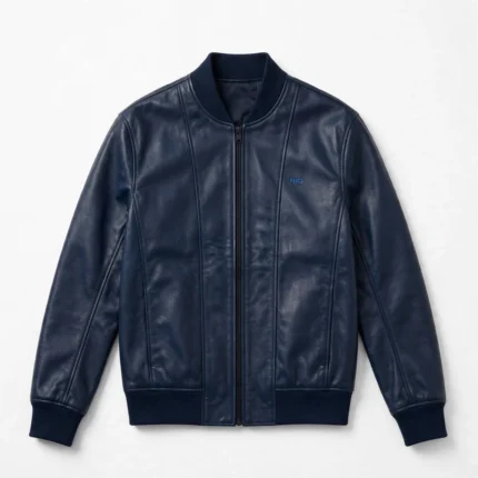 Nio Leather Jacket front view, midnight blue leather jacket with small sky-blue 'nio' wordmark embroidered on the left chest