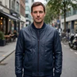 Person wearing the Nio Leather Jacket outdoors, front-facing, showing small sky-blue 'nio' wordmark embroidered on the left chest