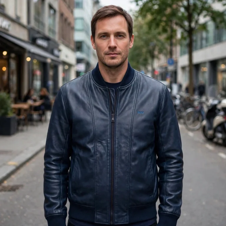 Person wearing the Nio Leather Jacket outdoors, front-facing, showing small sky-blue 'nio' wordmark embroidered on the left chest