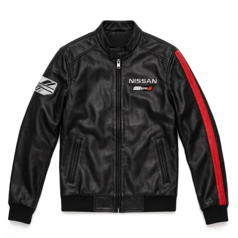 Nissan Leather Jacket front view, black with red and silver stripes racer jacket