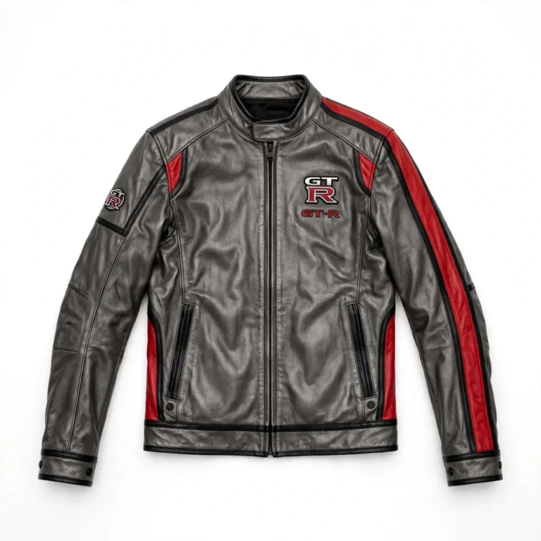 Nissan GT-R Leather Jacket front view, gunmetal grey with red panels and black trim racer jacket