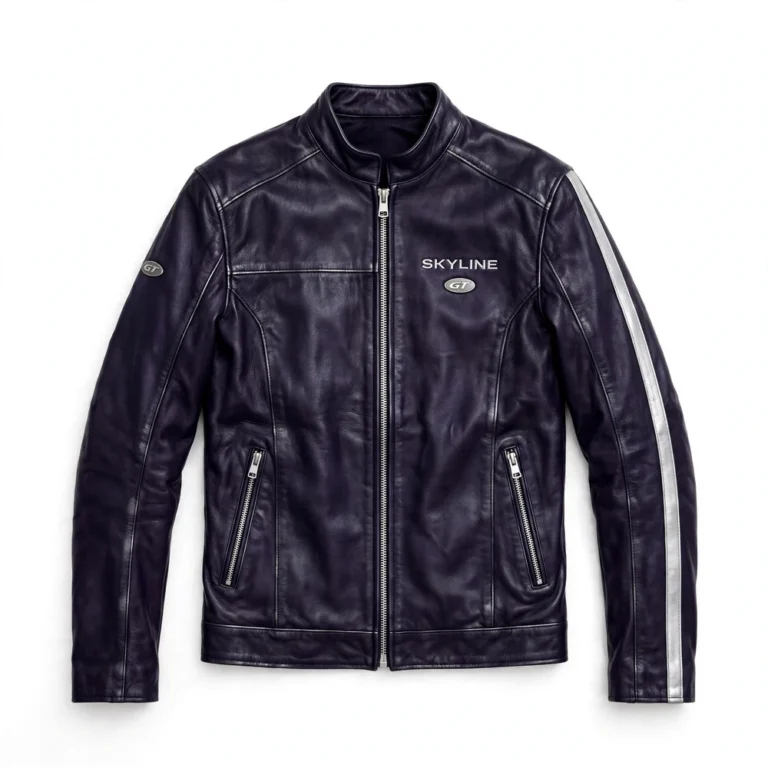 Nissan Skyline Leather Jacket front view, midnight purple-black with silver stripes racer jacket