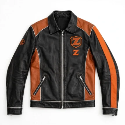 Nissan Z Leather Jacket front view, black with burnt-orange panels and silver trim racer jacket