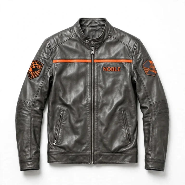 Noble Leather Jacket front view, gunmetal grey with an orange stripe racing jacket, NOBLE wordmark embroidered on the left chest