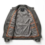 Noble Leather Jacket inner view, plain lining with inside pockets and Blackstone Jackets neck label