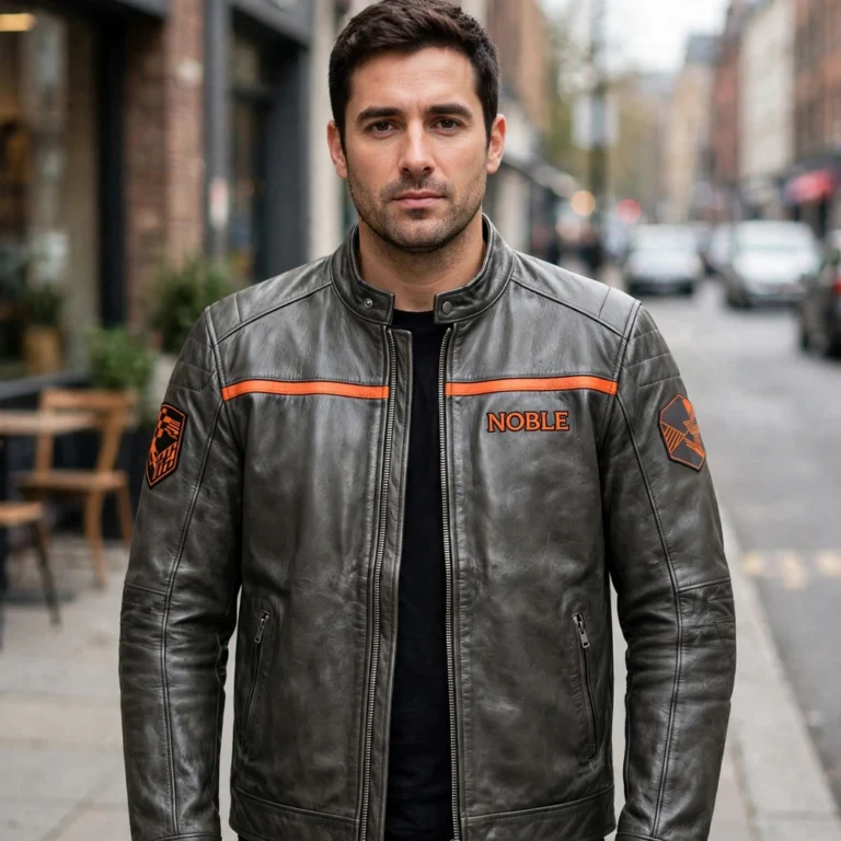 Man wearing the Noble Leather Jacket outdoors, front-facing, showing the racing jacket and chest embroidery
