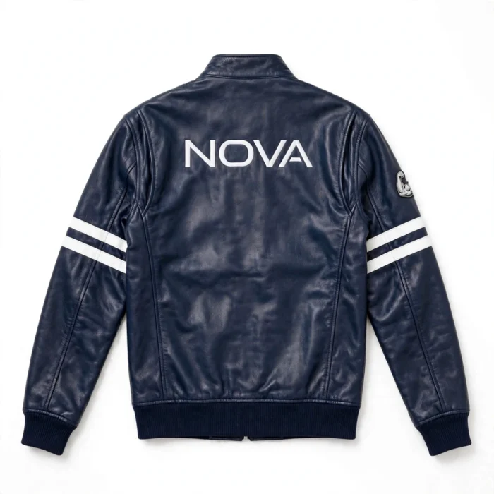 Nova Leather Jacket back view, navy-blue with white stripes racer jacket