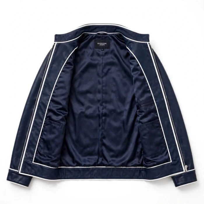 Nova Leather Jacket inner lining view, navy satin lining with white trim