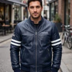 Model wearing the Nova Leather Jacket, navy-blue with white stripes racer jacket