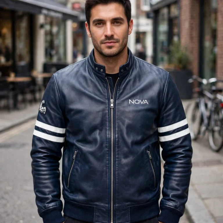 Model wearing the Nova Leather Jacket, navy-blue with white stripes racer jacket
