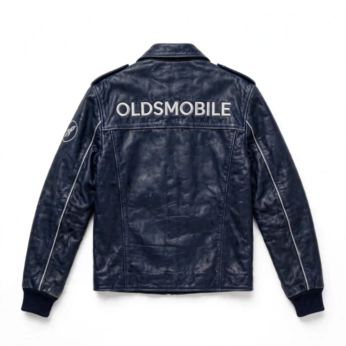 Oldsmobile Leather Jacket back view, deep navy with silver rocket-style chest emblem vintage cruiser jacket