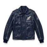 Oldsmobile Leather Jacket front view, deep navy with silver rocket-style chest emblem vintage cruiser jacket