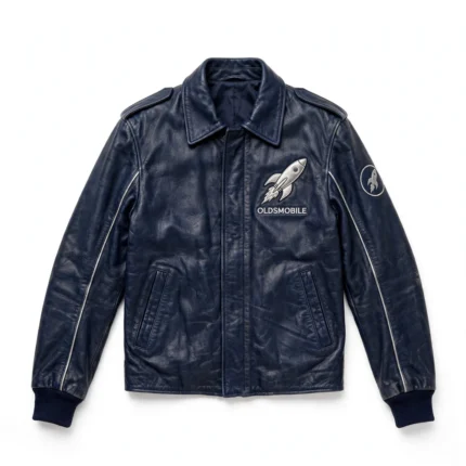 Oldsmobile Leather Jacket front view, deep navy with silver rocket-style chest emblem vintage cruiser jacket