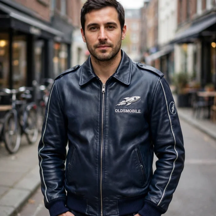 Model wearing the Oldsmobile Leather Jacket, deep navy with silver rocket-style chest emblem vintage cruiser jacket