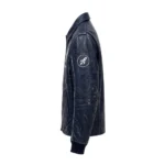 Oldsmobile Leather Jacket side view, deep navy with silver rocket-style chest emblem vintage cruiser jacket