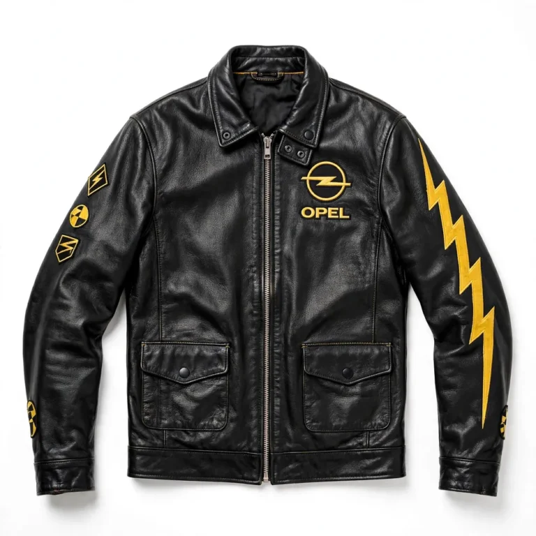 Opel Leather Jacket front view, black with yellow lightning-style stripes racer jacket