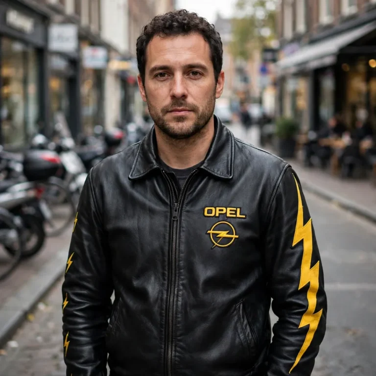 Model wearing the Opel Leather Jacket, black with yellow lightning-style stripes racer jacket