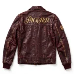 Packard Leather Jacket back view, deep maroon with gold vintage script chest lettering vintage cruiser jacket