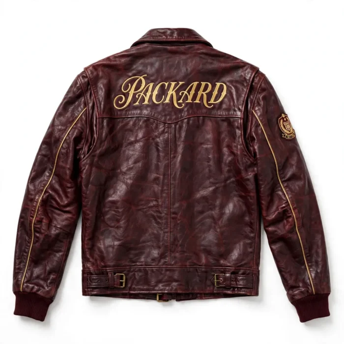 Packard Leather Jacket back view, deep maroon with gold vintage script chest lettering vintage cruiser jacket