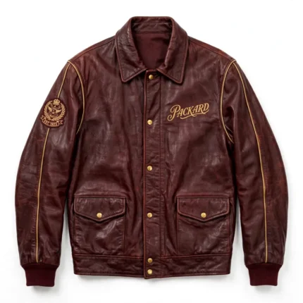 Packard Leather Jacket front view, deep maroon with gold vintage script chest lettering vintage cruiser jacket