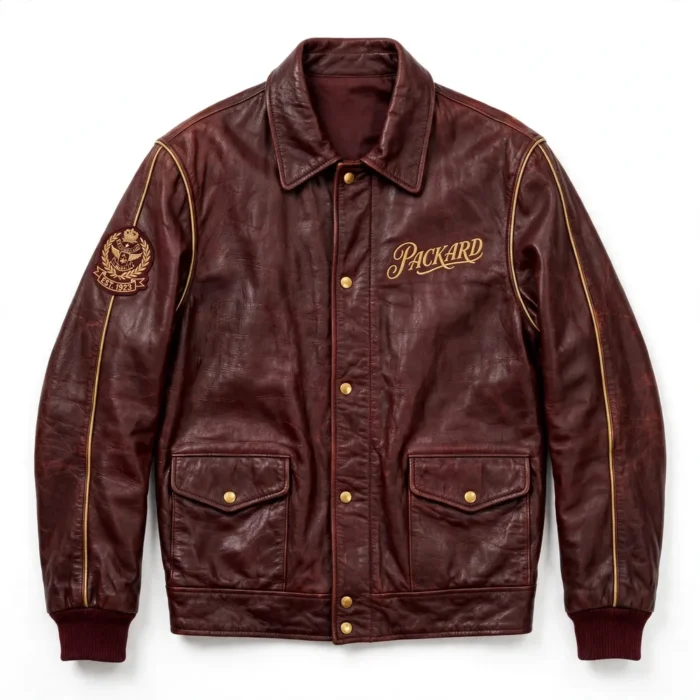 Packard Leather Jacket front view, deep maroon with gold vintage script chest lettering vintage cruiser jacket