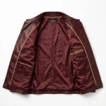 Packard Leather Jacket inner lining view, maroon satin lining with gold trim