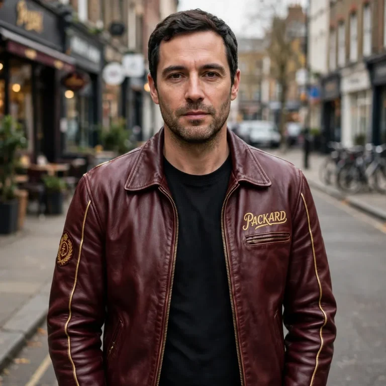 Model wearing the Packard Leather Jacket, deep maroon with gold vintage script chest lettering vintage cruiser jacket