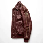 Packard Leather Jacket side view, deep maroon with gold vintage script chest lettering vintage cruiser jacket