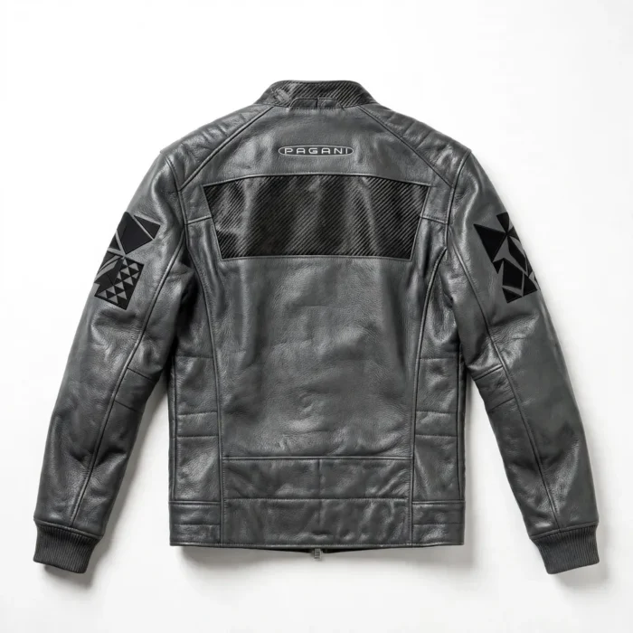 Pagani Leather Jacket back view — carbon grey hypercar racer jacket with back embroidery and sponsor-style patches