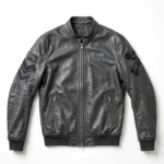 Pagani Leather Jacket front view — carbon grey hypercar racer jacket with chest embroidery and sponsor-style patches