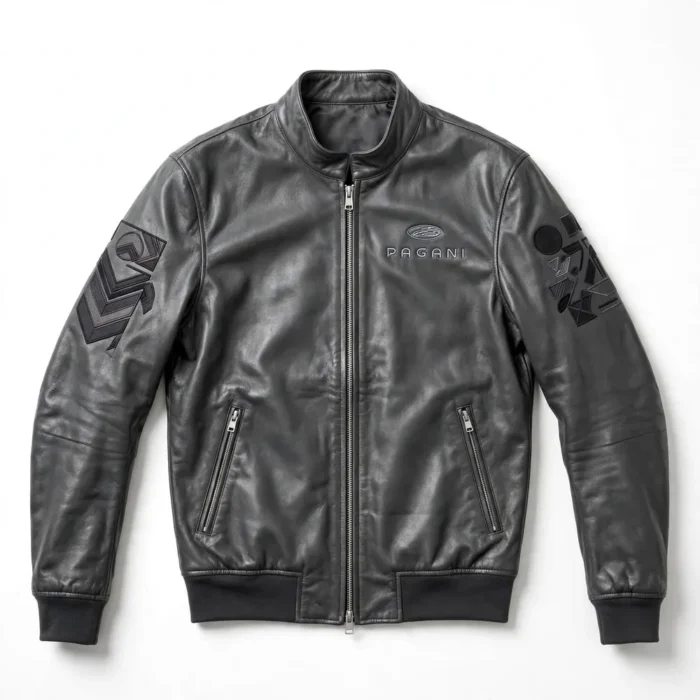 Pagani Leather Jacket | Carbon Hypercar Racer | Blackstone Jackets - Front View Pagani Leather Jacket front view — carbon grey hypercar racer jacket with chest embroidery and sponsor-style patches