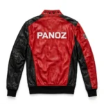 Panoz Leather Jacket back view, racing red with black panels racer jacket