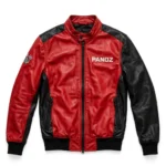 Panoz Leather Jacket front view, racing red with black panels racer jacket