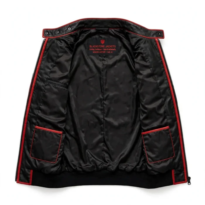 Panoz Leather Jacket inner lining view, black satin lining with red trim