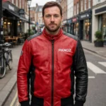 Model wearing the Panoz Leather Jacket, racing red with black panels racer jacket
