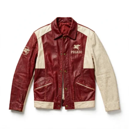 Pegaso Leather Jacket front view, deep red with cream panels vintage cruiser jacket