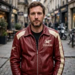Model wearing the Pegaso Leather Jacket, deep red with cream panels vintage cruiser jacket