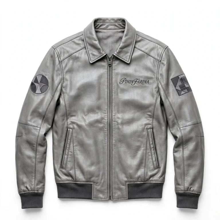 Pininfarina Leather Jacket front view — silver grey elegance racer jacket with chest embroidery and sponsor-style patches